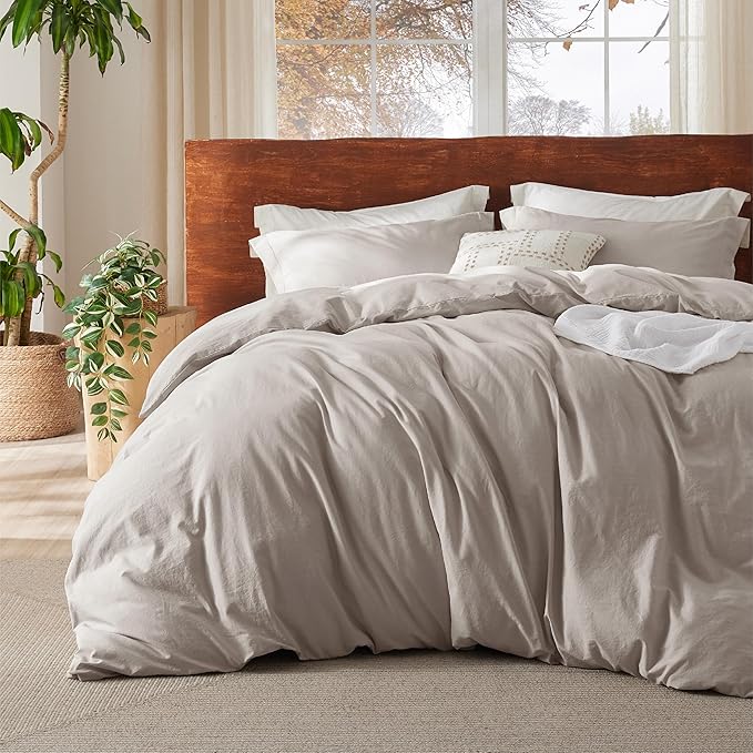 Bedsure 100% Washed Cotton Duvet Cover Queen Size - Natural Minimalist Cotton Duvet Cover Linen Like for All Seasons - GentleSoft™ Plain Simple Bedding (Natural, Queen, 90"x90")