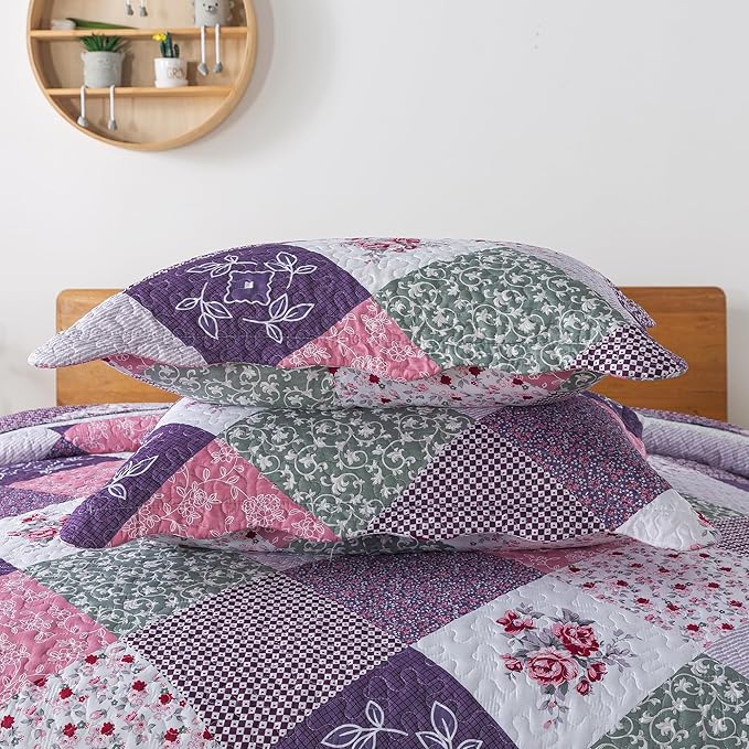HoneiLife Queen Quilt Bedding Set - 3 Pieces Microfiber Quilt Sets Lightweight Bedspreads Reversible Coverlets Retro Bed Cover Floral Bedding Set All Season Quilts-Purple