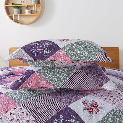 HoneiLife Queen Quilt Bedding Set - 3 Pieces Microfiber Quilt Sets Lightweight Bedspreads Reversible Coverlets Retro Bed Cover Floral Bedding Set All Season Quilts-Purple