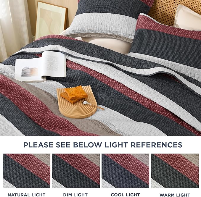 Litanika Quilt Queen Size Black and Red, Stripe Patchwork Summer Bedspread Coverlet 3 Pieces, Soft Lightweight Microfiber Quilted Bedding Set for All Season(1 Quilt, 2 Pillowcases)