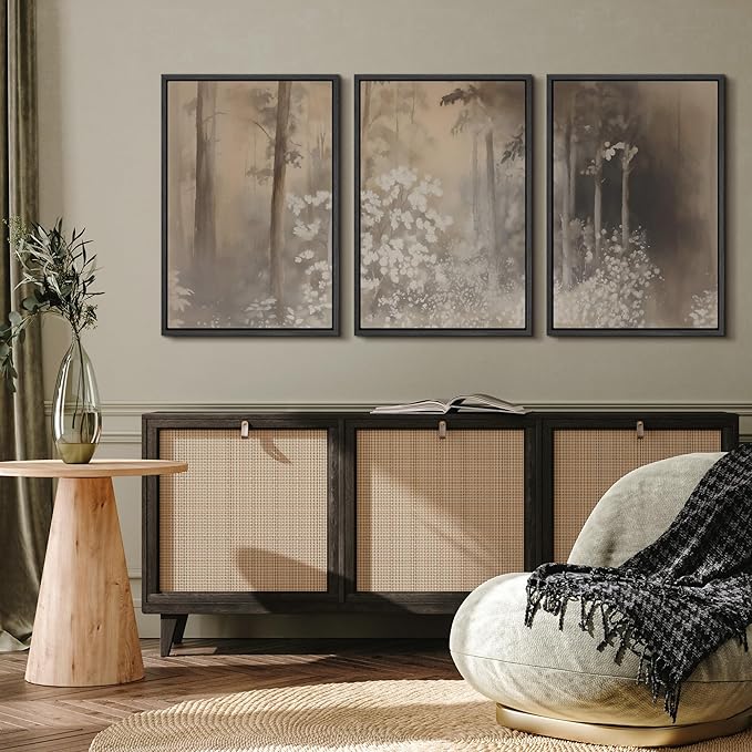 MUDECOR Framed Wall Art Print Set Neutral Forest Landscape Beige and Gray Watercolor Illustrations Realism Decorative for Living Room, Bedroom, Office - 16"x24"x3 Black