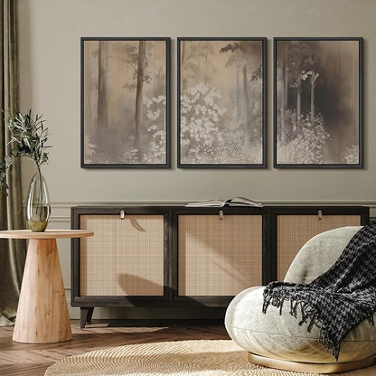 MUDECOR Framed Wall Art Print Set Neutral Forest Landscape Beige and Gray Watercolor Illustrations Realism Decorative for Living Room, Bedroom, Office - 16"x24"x3 Black