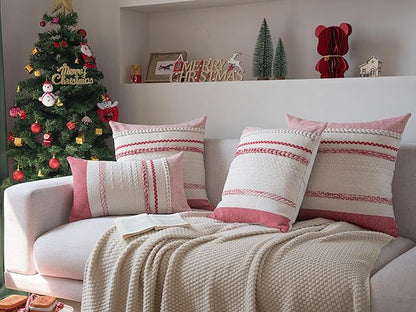 Valentines Pillow Covers 20x20 Inch Set of 2, Red Textured Boho Valentines Day Decoration Pillow Cases for Farmhouse Home Decor, Accent Cushion Cover for Sofa, Bed, Living Room, Bedroom
