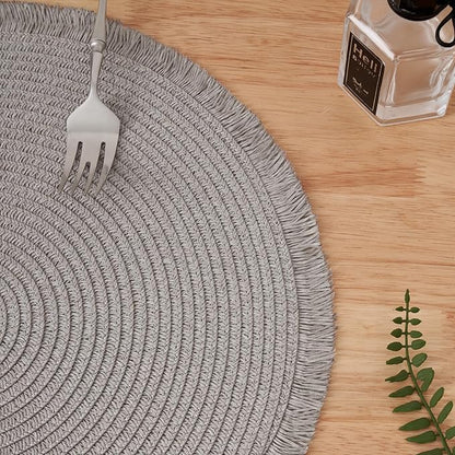 15 Inch Set of 6 Round Braided Woven Placemats Wipeable Paper Heat Resistant Table Mats with Fringe Tassel Boho Indoor Outdoor Table Placemats for Dining Tables (Grey)