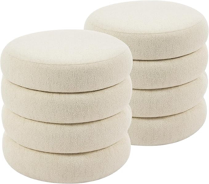 Flouki 20.1" Storage Ottoman Round, Vanity Stools for Bedroom, Entryway Ottoman for Console Table, Ottoman Stool for Girls Women, Foot Stool for Living Room, Set of 2, Linen Beige