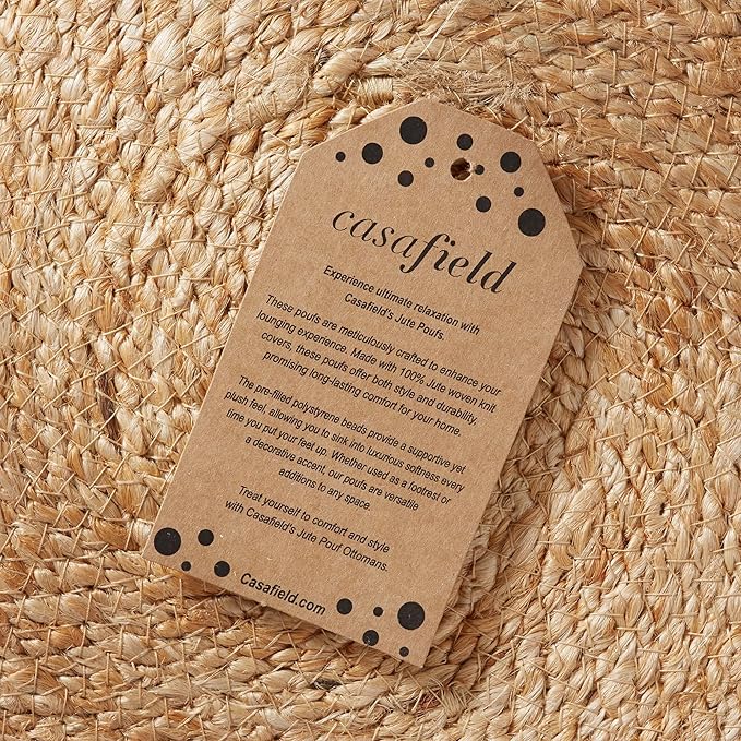 Casafield Handcrafted Braided Jute Pouf Ottoman, 14" Round x 16" High Footrest, Natural Boho Home Decor, Woven Accent Footstool for Living Room or Bedroom