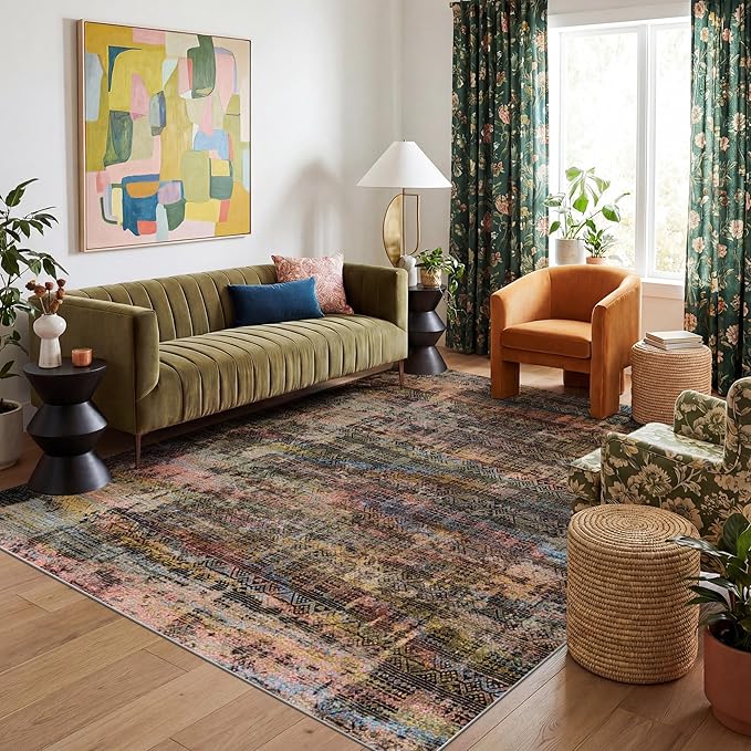Kokia Abstract Area Rugs Washable Indoor 6x9 Rug Boho Distressed Retro Low Pile Non-Slip Non-Shedding Black Gray Carpet Bedroom Living Room Dining Room, Oslo Fireworks