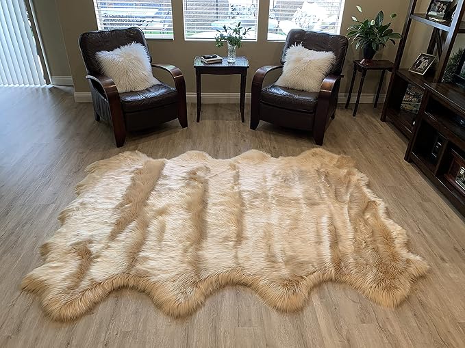 LAMBZY Faux Sheepskin Super Soft Hypoallergenic Silky Shag Rug for Living Room, Kids Room, Sofa (Octo 8 Pelts 6'x8', Beige)