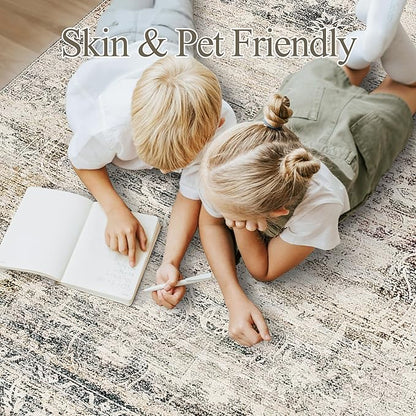 Area Rugs 5x7 for Living Room, Floral Washable Rugs for Dining Room, Bedroom, Kitchen, Vintage Non-Slip Thin Area Rug Taupe