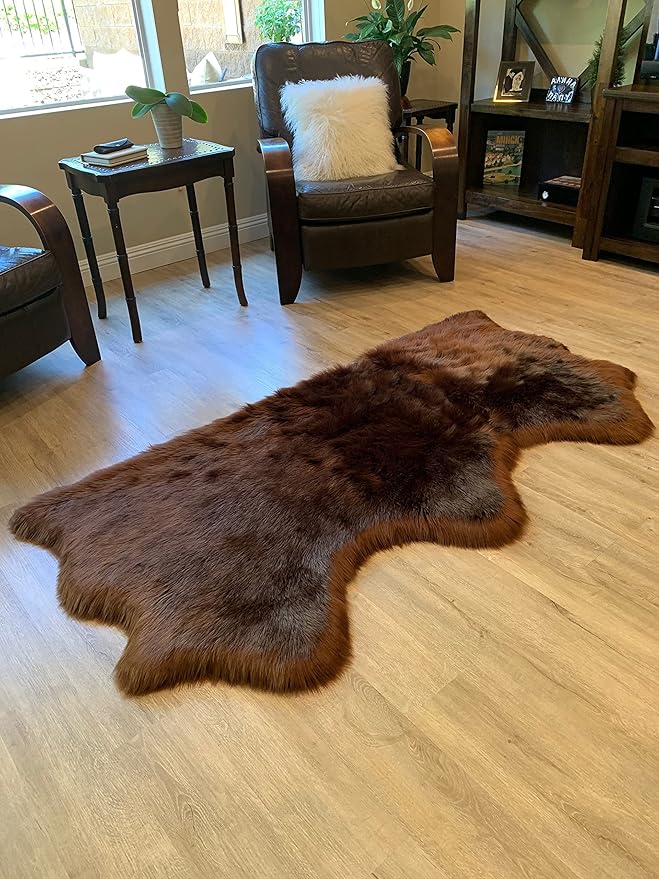 LAMBZY Faux Sheepskin Super Soft Hypoallergenic Silky Shag Rug for Living Room, Kids Room, Sofa (Triple Side by Side 3'x6', Brown)