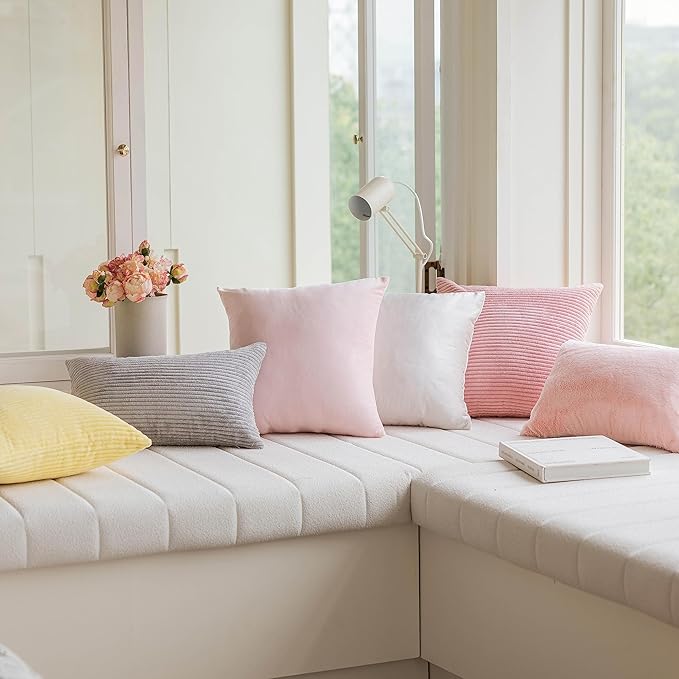 Home Brilliant Pillow Covers 20x20 Decorative Soft Velvet Corduroy Striped Square Throw Pillow Pack of 2 Cushion Cover for Bench, 50 x 50 cm, 20 x 20 Inch, Baby Pink