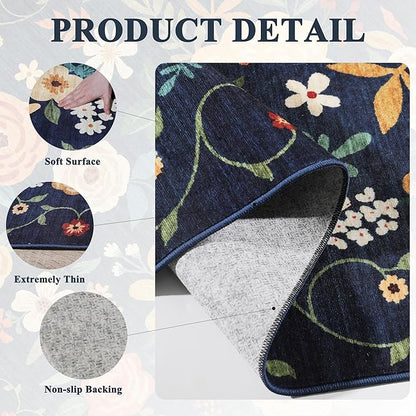DUKINO 2x5 Runner Rug for Hallway, Washable Kitchen Floral Runner Rug with Non Slip Backing, Low Pile Soft Boho Carpet for Kitchen, Hallway, Entryway, Laundry, Bedroom, Navy Blue