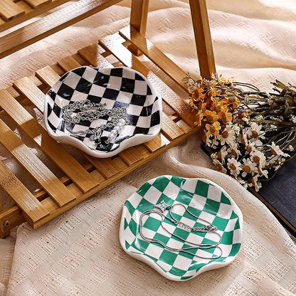 Koythin Ceramic Jewelry Tray, Checkered Pattern Aesthetic Decorative Trinket Dish for Rings, Earrings Necklaces Bracelet Watch Holder, Small Key Bowl, Birthday Mother's Day for Women (Black)