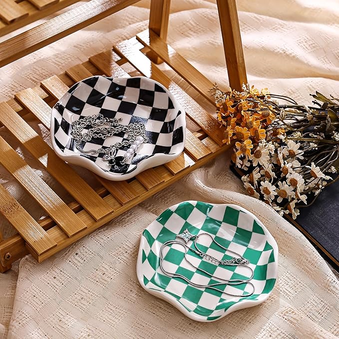 Koythin Ceramic Jewelry Tray, Checkered Pattern Aesthetic Decorative Trinket Dish for Rings, Earrings Necklaces Bracelet Watch Holder, Small Key Bowl, Birthday Mother's Day for Women (Green)