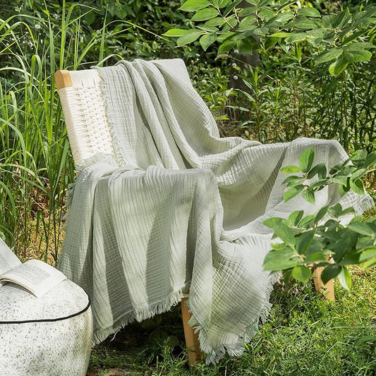 MooMee Muslin Blanket - 100% Cotton 4-Layer Gauze Throw Blanket with All-Around Fringe Ultra-Soft Breathable Lightweight Cooling for Bed Couch (Sage Green,Twin XL 66" x 90")