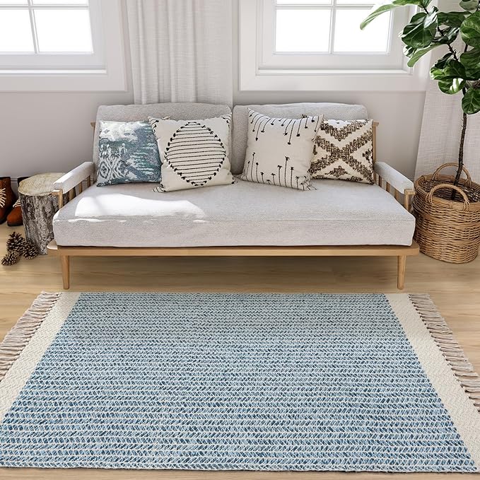 Lahome Boho Bedroom Rug, 3x5 Blue Office Rug Lightweight Bath Door Mats Indoor Woven Entry Rugs with Tassels, Non Shedding Washable Throw Farmhouse Carpet for Living Room Camper RV