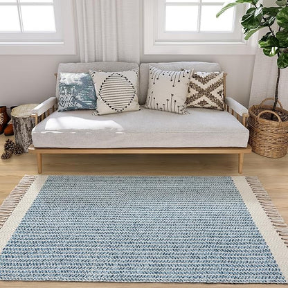 Lahome Boho Bedroom Rug, 3x5 Blue Office Rug Lightweight Bath Door Mats Indoor Woven Entry Rugs with Tassels, Non Shedding Washable Throw Farmhouse Carpet for Living Room Camper RV