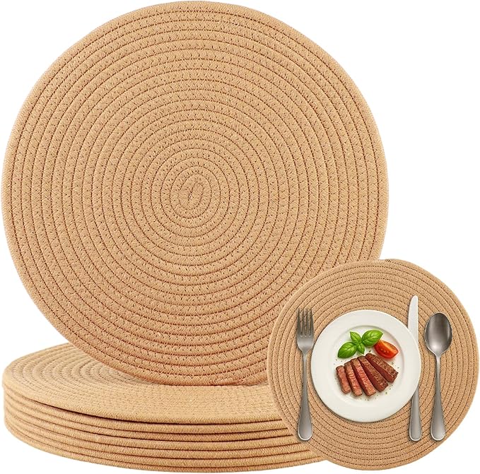 Round Woven Placemats Set of 8 Heat Resistant Placemats 13.5 Inches Farmhouse Cotton Rope Place Mats for Dining Tables Trivets for Hot Dishes, Brown
