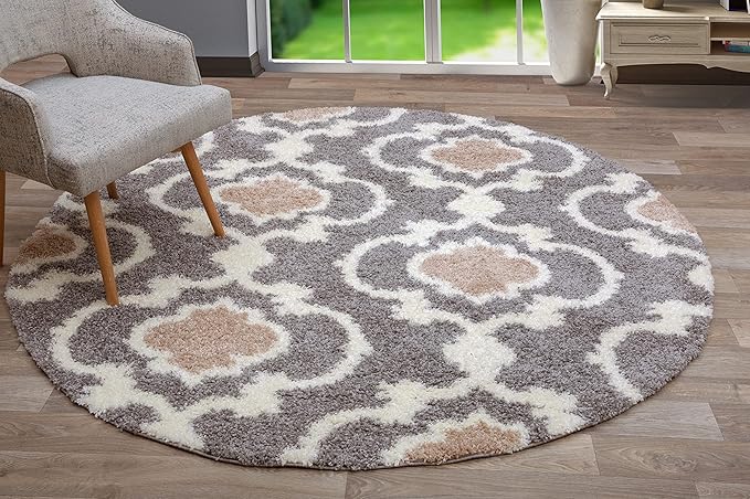 Rugshop Cozy Moroccan Trellis Indoor Shag Round Area Rug 6'6" Gray/Cream (6'6" Diameter)