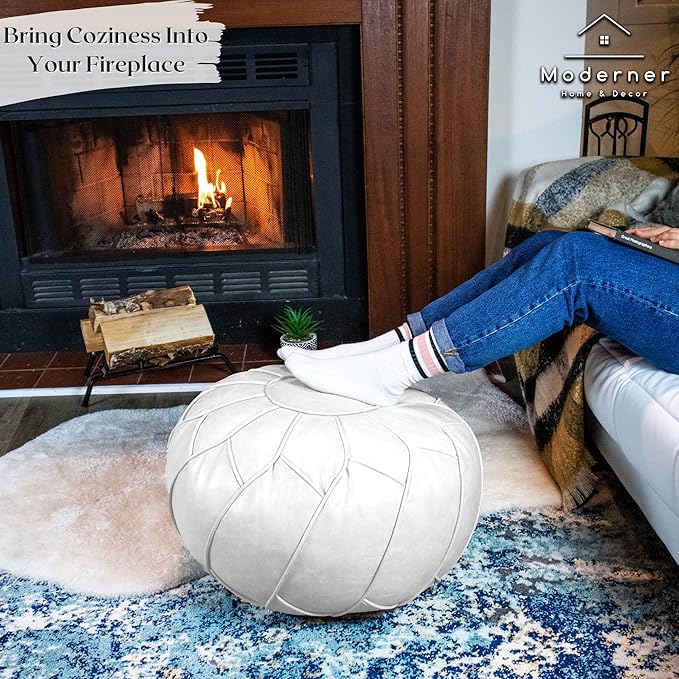 Moderner Faux Leather Pouf Unstuffed Ottoman Moroccan Footstool, Floor Footrest Cushion, Storage Solution - Natural Brown Color (White, Round)