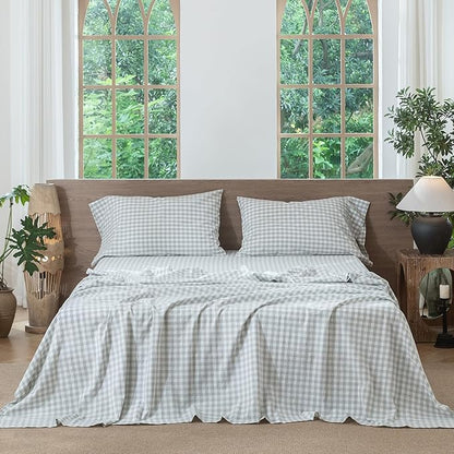 MooMee Gingham Sheet Set 100% Washed Cotton Linen Like Textured Breathable Soft w/Fully Elasticized 16-19" Deep Pocket (Classic Gingham Northern Droplet Grey, King)