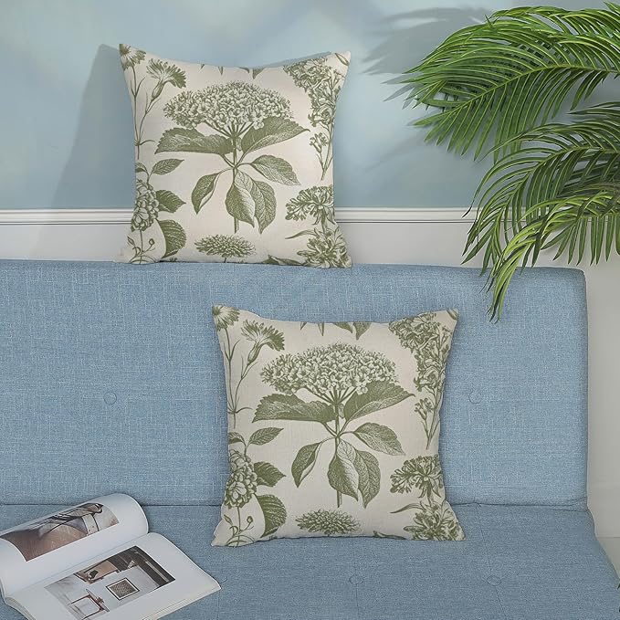 Sage Green Pillow Covers 16x16 Set of 2 Boho Floral Hydrangea Herbs Botanical Throw Pillow Cover Outdoor Decoration Pillow Cases Vintage Flower Linen Cushion Case Decorative for Couch Sofa