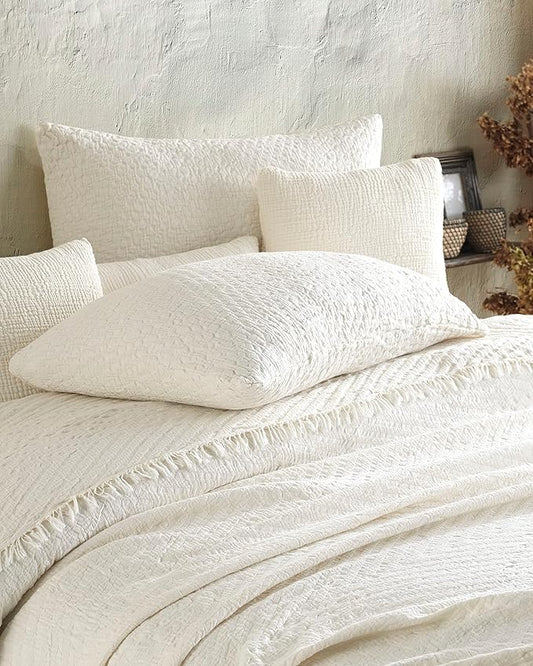4 Layers Gauze Pillowcases, Cotton Muslin Pillowcovers, Breathable 4 Layer Gauze Shams (Beige Jaquard, Only 2 Queen Pillowcase 20 x 30 inches)