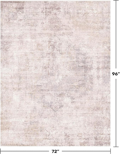 Pink and Grey 6x8 Living Room Rug, Morden Washable Area Rug for Bedroom, Non Slip Carpet for Dinning Room Under Table, Medallion Distressed Print Pattern
