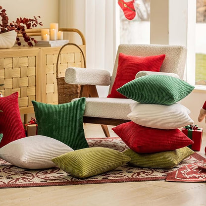 Home Brilliant Spring Decorative Spring Pillow Covers for Couch Plush Corduroy Striped Green Throw Pillow Covers Set of 2 for Living Room Sofa Bed Decor, 45cm, 18 x 18 Inch, Green