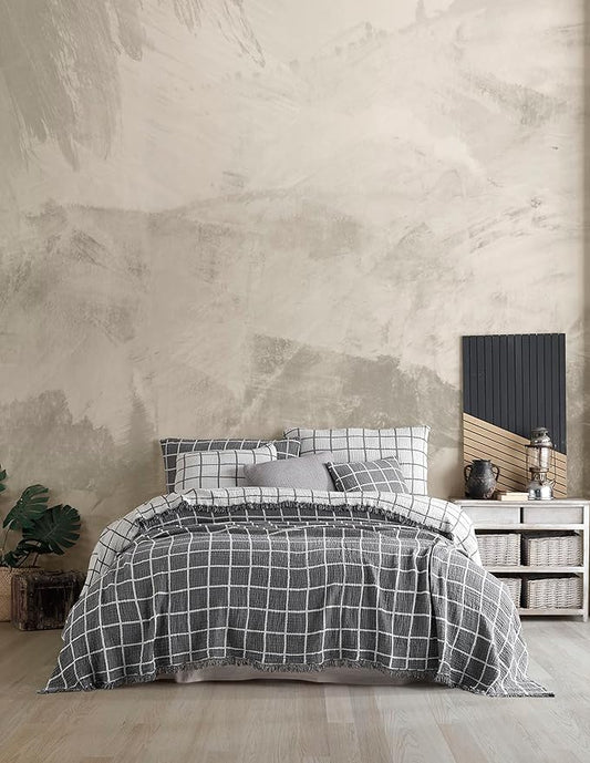 Bohemian 4 Layers Gauze Lightweight Throws,Cotton Muslin Throw Blanket,Breathable Coverlet, 4 Layer Bed Cover (Gray Windowpane, King 95 x 106 inches)