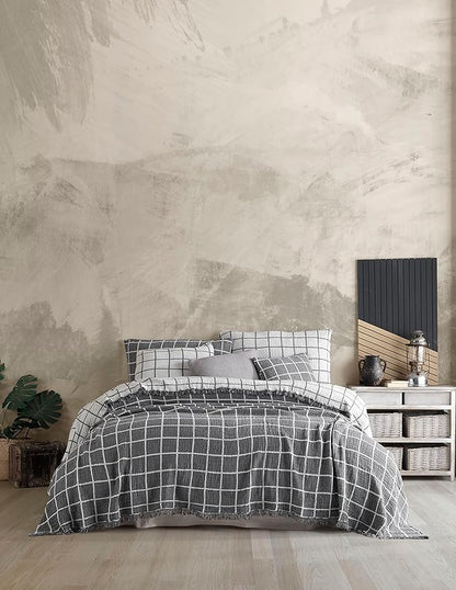 Bohemian 4 Layers Gauze Lightweight Throws,Cotton Muslin Throw Blanket,Breathable Coverlet, 4 Layer Bed Cover (Gray Windowpane, Oversized 100 x120 inches)