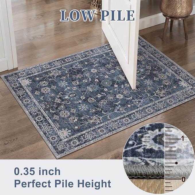 Tangsoo 2x10 Washable Runner Rug for Hallway Non Slip, Boho Floral Vintage Carpet Long Runner Rugs for Entryway Kitchen, Floor Low Pile Runners for Laundry Bedroom Alfombra Blue Black Farmhouse