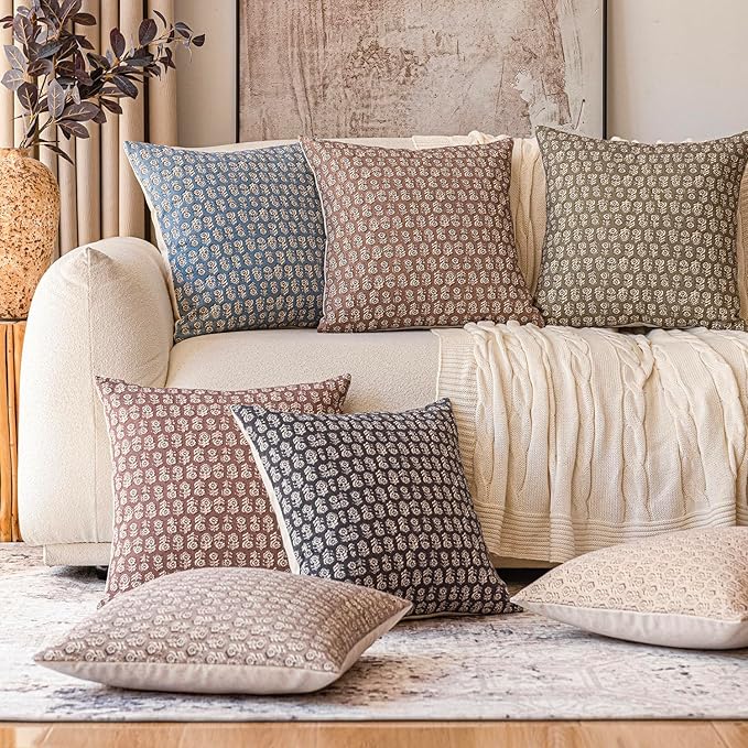Foindtower Set of 2 Decorative Vintage Floral Print Throw Pillow Covers Neutral Modern Farmhouse Cushion Covers Boho Home Decor for Sofa Couch Chair Bedroom Living Room,22×22 Inch,Wine Red