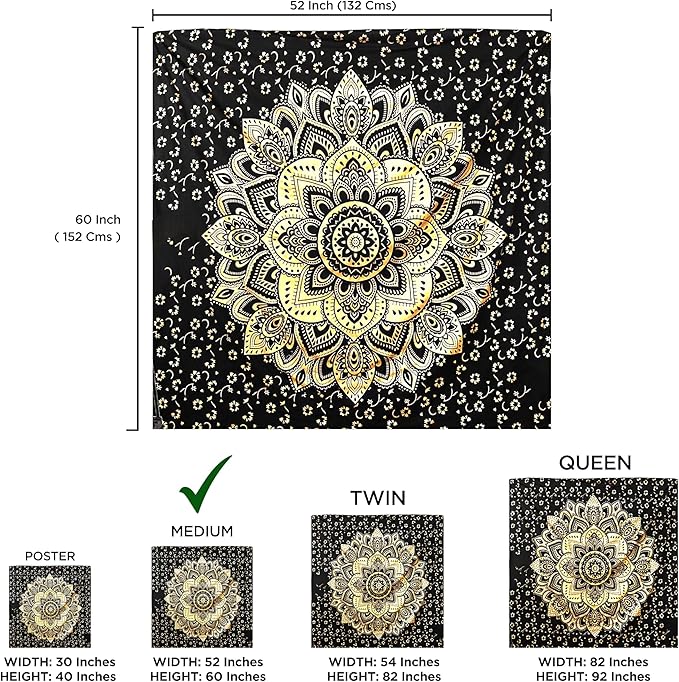 Rajsee Gold Mandala Tapestry - Boho Bedroom Aesthetic - Trippy Wall Hanging - Black Gold Wall Art 52x60 Inches