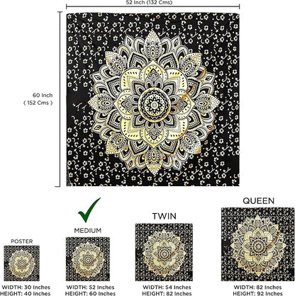 Rajsee Gold Mandala Tapestry - Boho Bedroom Aesthetic - Trippy Wall Hanging - Black Gold Wall Art 52x60 Inches