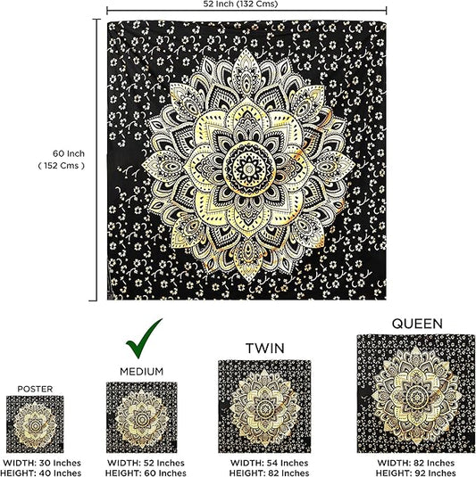 Rajsee Gold Mandala Tapestry - Boho Bedroom Aesthetic - Trippy Wall Hanging - Black Gold Wall Art 52x60 Inches