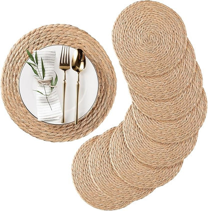Round Woven Placemats Set of 4, Natural Water Hyacinth Place mats, 12 inch Rattan Placemats Wicker Placemats Farmhouse Boho Braided Heat Resistant Outdoor Placemat Patio Table Place Mats