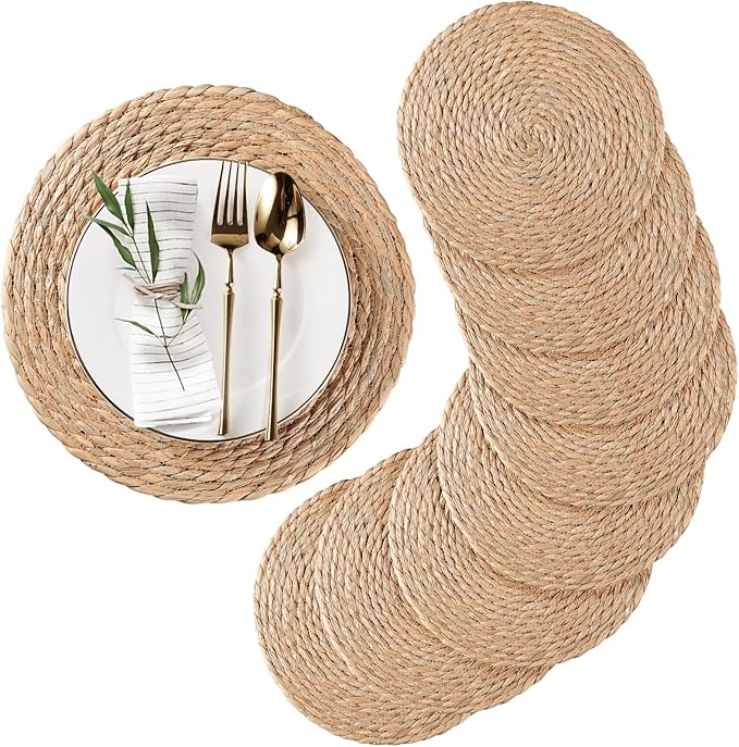 Round Woven Placemats Set of 4, Natural Water Hyacinth Place mats, 13 inch Rattan Placemats Wicker Placemats Farmhouse Boho Braided Heat Resistant Outdoor Placemat Patio Table Place Mats