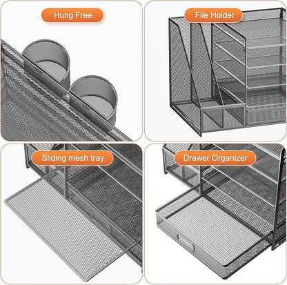 Marbrasse 5-Tier Paper Letter Tray Organizer with Drawer and Pen Holder, Mesh Desktop Organizer and Storage with Magazine Holder for Office Supplies (Grey)