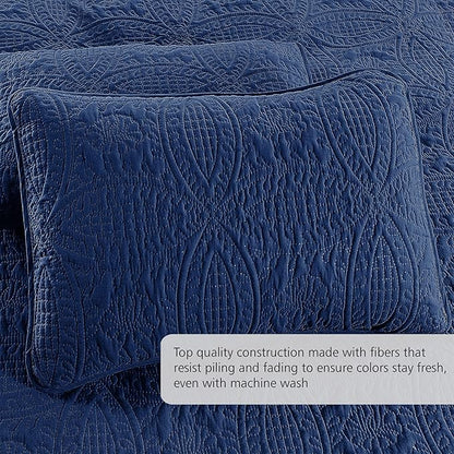 Quilt Set King/Cal King/California King Size Navy - Oversized Bedspread Soft Microfiber Lightweight Coverlet for All Season - 3 Piece includes 1 Quilt and 2 Shams Geometric Pattern