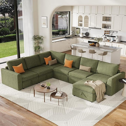 GarveeHome Sectional Sleeper Sofa with Pull Out Bed, Corduroy Modular Sectional Sofa U Shaped 7 Seat Couch with Pull Out Couch and Storage Seat & Ottoman, Convertible Couches for Living Room