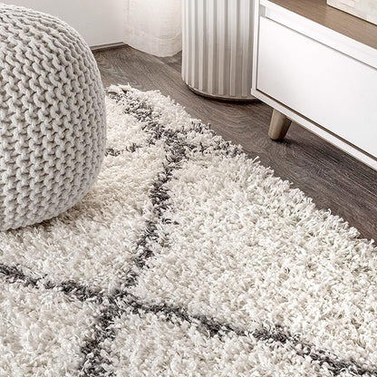 JONATHAN Y Mercer Shag Plush Tassel Ivory/Gray Indoor Area Rug, 3x5, Moroccan Geometric Trellis, Easy-Cleaning for Living Room, Bedroom, Kitchen, Pet Friendly, Non-Shedding (MCR101B-3)