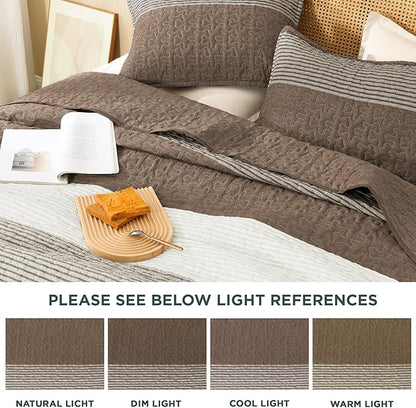 Litanika Oversized King Quilt Set Coffee, 128x120 Stripe Bedspread Coverlet 3 Pieces, Coffee Lightweight Quilted Bedding Set for All Season(Super King Plus-1 Quilt, 2 Pillowcases)