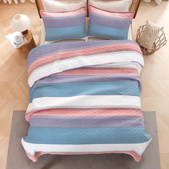 Litanika Twin Quilt Set Purple, Blue and White, 68x86 Stripe Bedspread Coverlet 2 Pieces, Pink Lightweight Quilted Bedding Set for All Season(Twin-1 Quilt, 1 Pillowcase)
