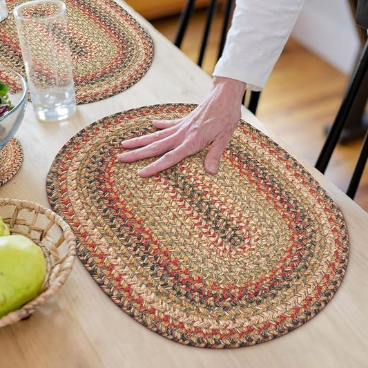 Homespice Kingston Jute Braided Oval Placemats, Warm Country Decor, Set of 6, 13x19 Multicolor Table Mats - Vibrant Colors, Durable, Easy to Clean and Protects Furniture