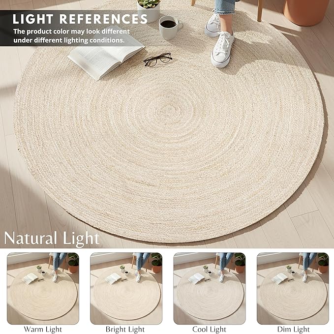Hausattire Jute Braided Rug, 5’ Round – Off White, Reversible Boho Entry Area Rugs for Kitchen, Living Room, Bedroom I Farmhouse Hand Woven Decorative Floor Carpet Mat, 5 Feet Round
