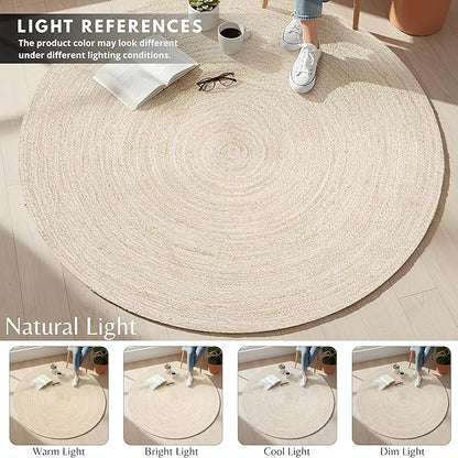 Hausattire Jute Braided Rug, 5’ Round – Off White, Reversible Boho Entry Area Rugs for Kitchen, Living Room, Bedroom I Farmhouse Hand Woven Decorative Floor Carpet Mat, 5 Feet Round