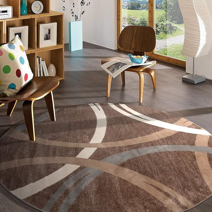 Rugshop Modern Wavy Circles Design Round Rug, Carpet with Jute Backing for Dining Room, Bedroom, or Living Room, Brown, 6'6" Round