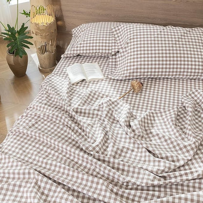 MooMee Gingham Sheet Set 100% Washed Cotton Linen Like Textured Breathable Soft w/Fully Elasticized 16-19" Deep Pocket (Classic Gingham Brown, King)
