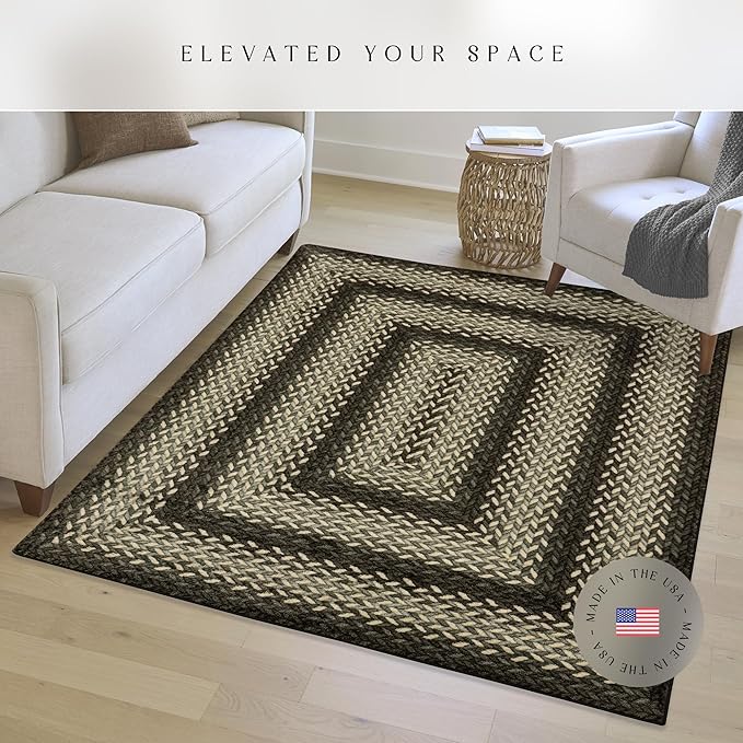 Maples Rugs Marion Bohemian Braided Design Print Area Rug – Made in USA – Low Pile, Non Slip Pet-Friendly Mat for Bedroom, Office, Living & Dining Room, 5' x 7', Black